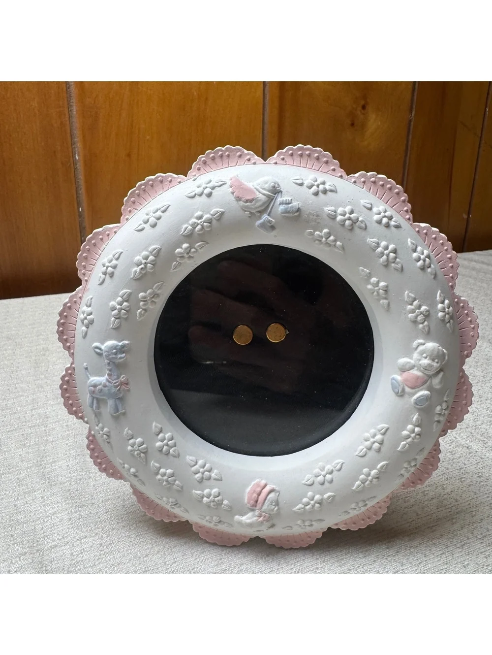 Vintage Russ Baby Photo Frame Pink Nursery 4 Inch Round Picture Frame